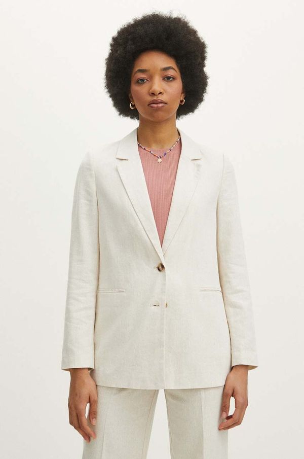 Medicine Laneni sako Medicine za žene, boja: bež, jednoredno zakopčavanje, s uzorkom