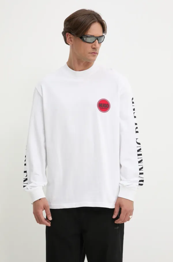 HUGO Majica dugih rukava HUGO za muškarce, boja: bijela, s tiskom, 50531250