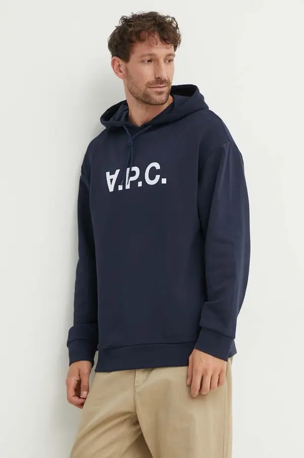 A.P.C. Pamučna dukserica A.P.C. za muškarce, boja: tamno plava, s kapuljačom, s tiskom