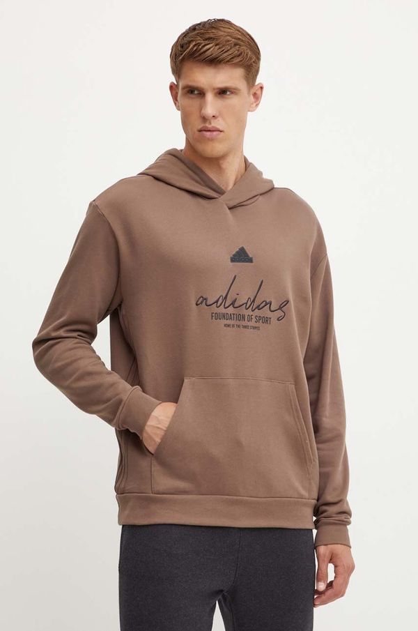 adidas Pamučna dukserica adidas Brand Love za muškarce, boja: smeđa, s kapuljačom, s aplikacijom, IW3534