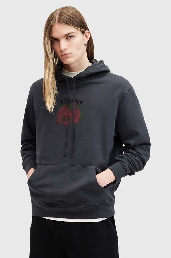 AllSaints Pamučna dukserica AllSaints MELROSE za muškarce, boja: siva, s kapuljačom, s tiskom, M007NB