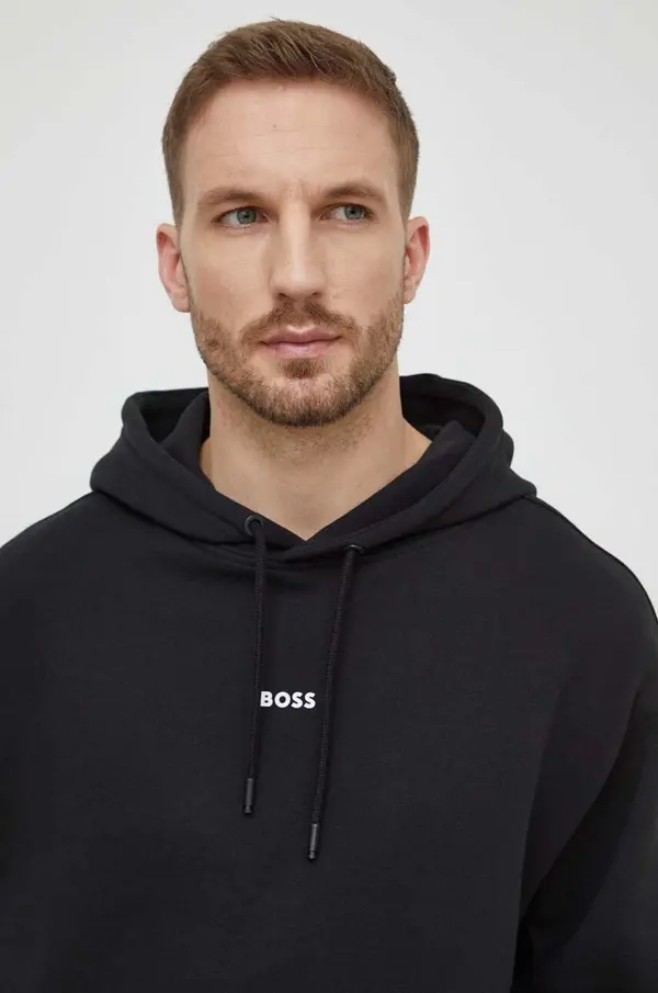 Boss Pamučna dukserica Boss Orange za muškarce, boja: crna, s kapuljačom, s tiskom