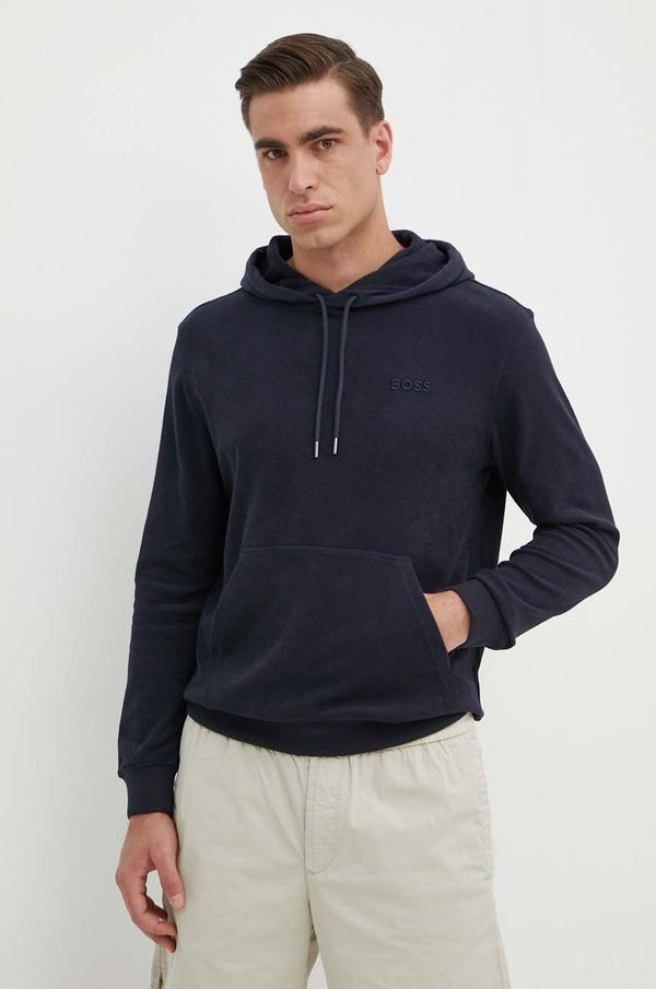 Boss Orange Pamučna dukserica Boss Orange za muškarce, boja: tamno plava, s kapuljačom, bez uzorka, 50511072
