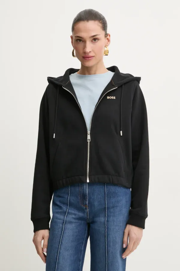 BOSS Orange Pamučna dukserica BOSS Orange za žene, boja: crna, s kapuljačom, bez uzorka, 50531834