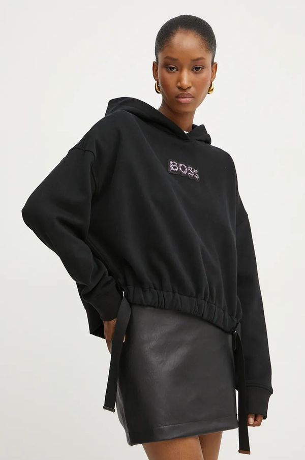 Boss Orange Pamučna dukserica Boss Orange za žene, boja: crna, s kapuljačom, s aplikacijom, 50528690