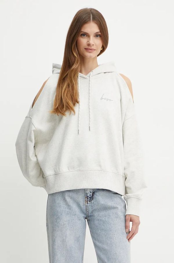 Boss Orange Pamučna dukserica Boss Orange za žene, boja: siva, s kapuljačom, melanž, 50524173