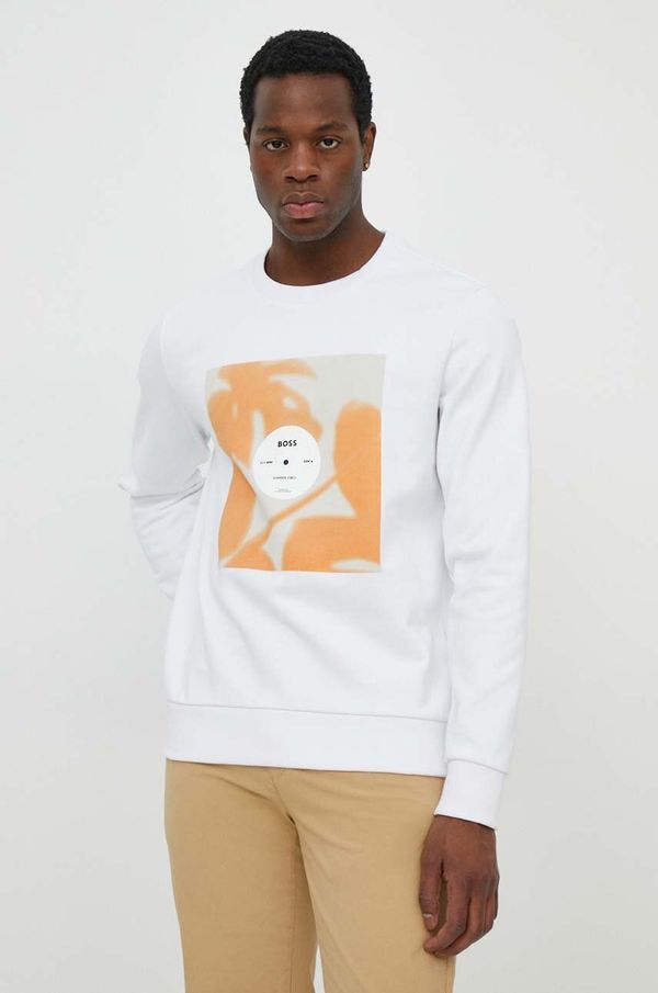 Boss Pamučna dukserica BOSS za muškarce, boja: bijela, s tiskom