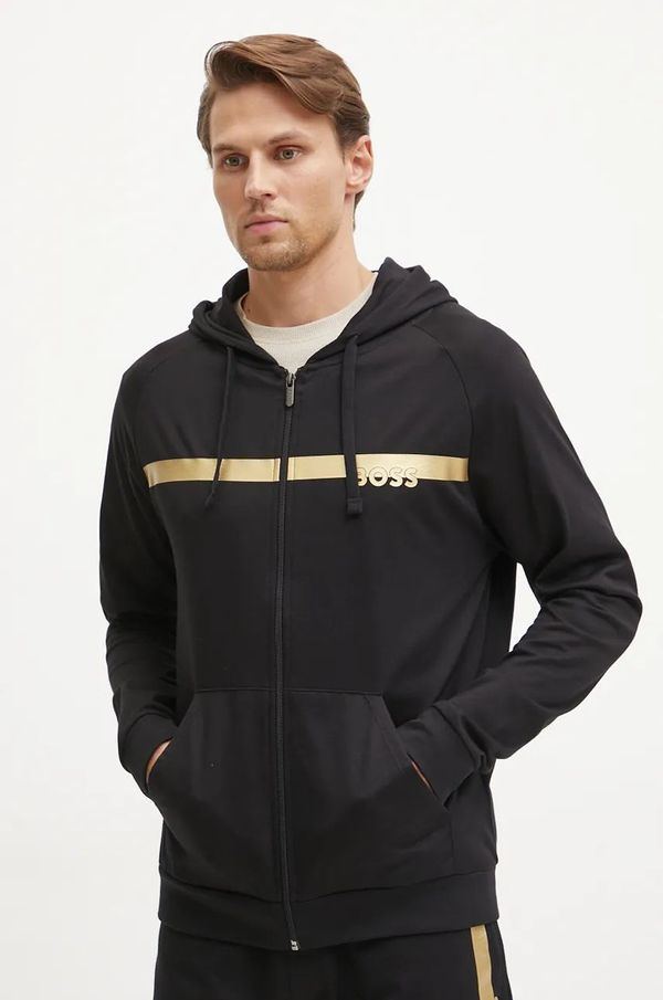 Boss Pamučna dukserica BOSS za muškarce, boja: crna, s kapuljačom, s tiskom, 50527451