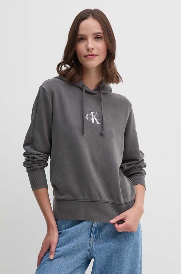 Calvin Klein Jeans Pamučna dukserica Calvin Klein Jeans boja: siva, s kapuljačom, s aplikacijom, J20J223534