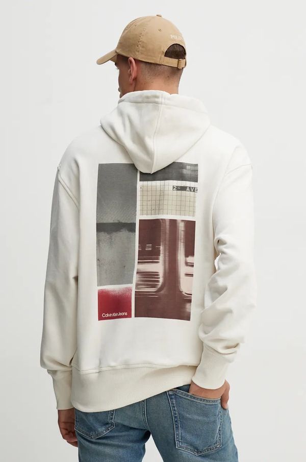 Calvin Klein Jeans Pamučna dukserica Calvin Klein Jeans za muškarce, boja: bež, s kapuljačom, s tiskom, J30J326874