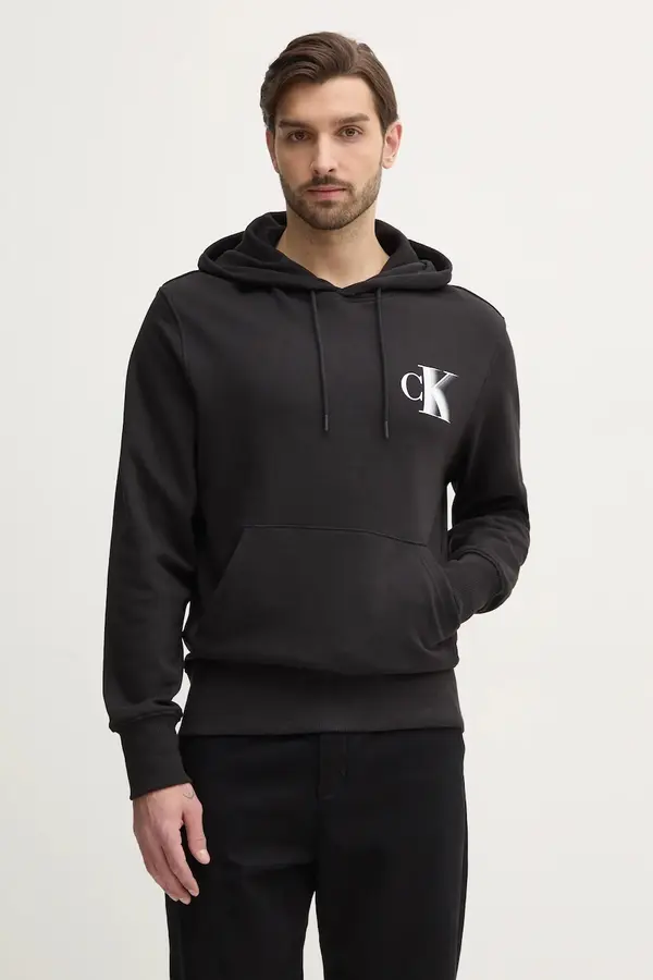 Calvin Klein Pamučna dukserica Calvin Klein Jeans za muškarce, boja: crna, s kapuljačom, s tiskom, J30J327476