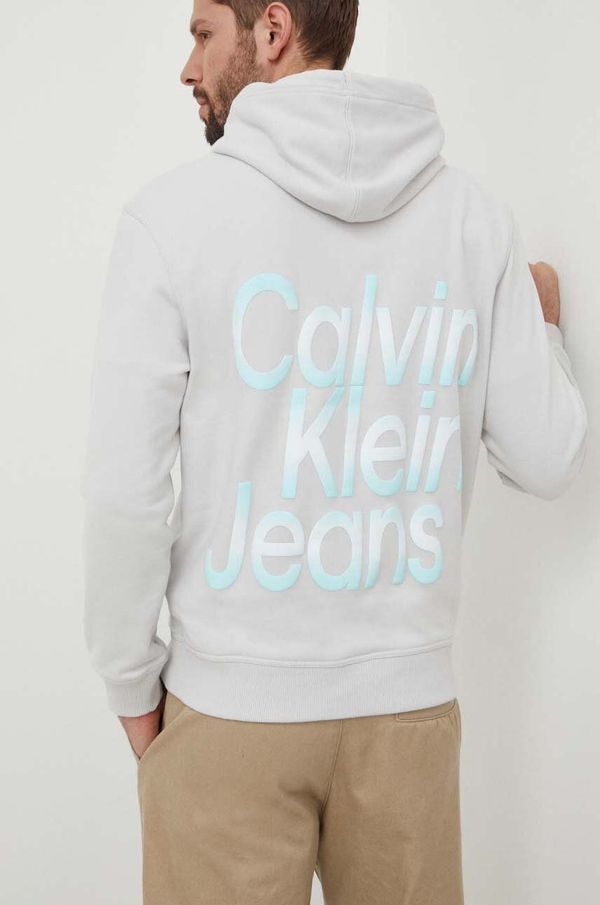 Calvin Klein Jeans Pamučna dukserica Calvin Klein Jeans za muškarce, boja: siva, s kapuljačom, s tiskom, J30J325698