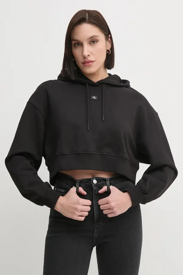 Calvin Klein Pamučna dukserica Calvin Klein Jeans za žene, boja: crna, s kapuljačom, bez uzorka, J20J224746