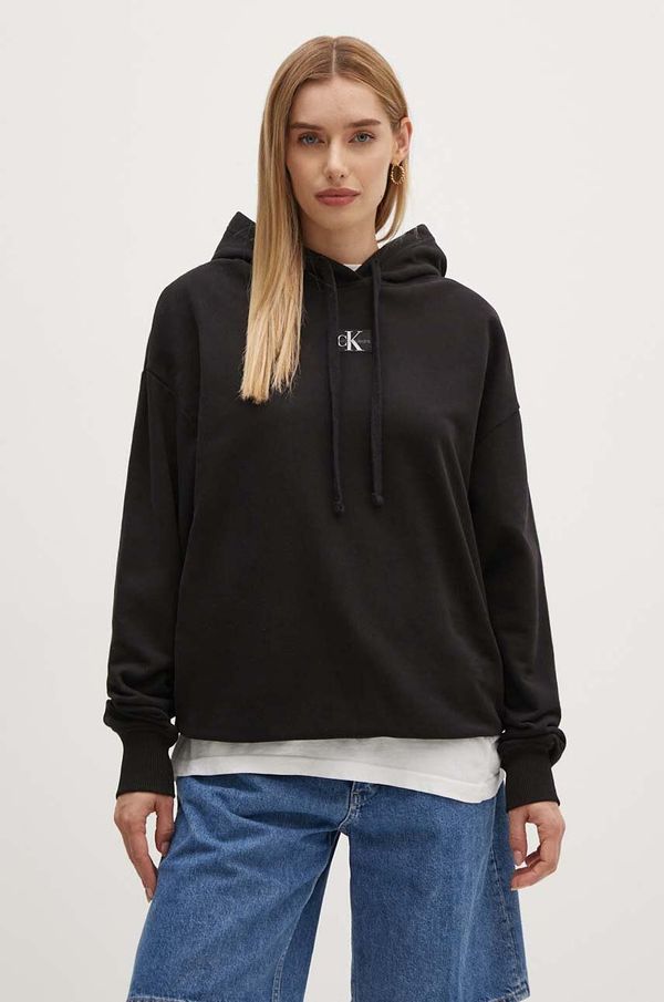 Calvin Klein Jeans Pamučna dukserica Calvin Klein Jeans za žene, boja: crna, s kapuljačom, s aplikacijom, J20J224063