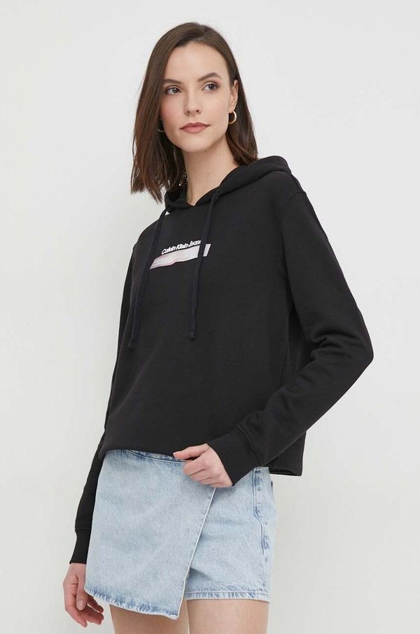 Calvin Klein Jeans Pamučna dukserica Calvin Klein Jeans za žene, boja: crna, s kapuljačom, s tiskom