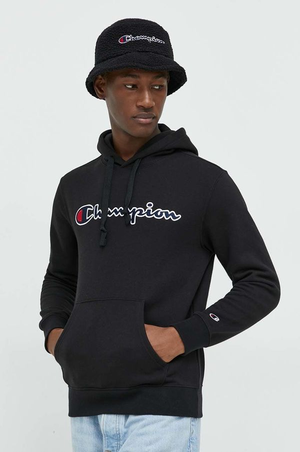 Champion Pamučna dukserica Champion za muškarce, boja: crna, s kapuljačom, s aplikacijom