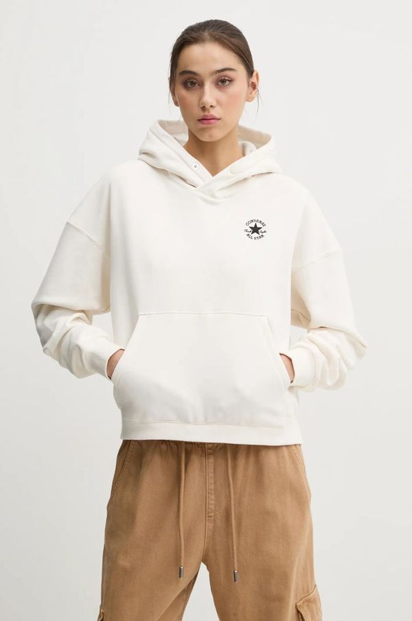 Converse Pamučna dukserica Converse za žene, boja: bež, s kapuljačom, bez uzorka, 10027065-A04