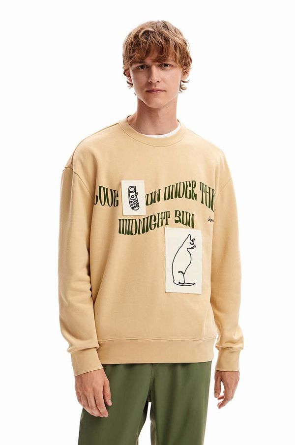 Desigual Pamučna dukserica Desigual 23WMSK07 SWEAT_JESUS za muškarce, boja: bež, s tiskom