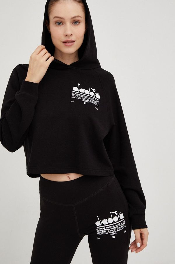 Diadora Pamučna dukserica Diadora za žene, boja: crna, s kapuljačom, s tiskom