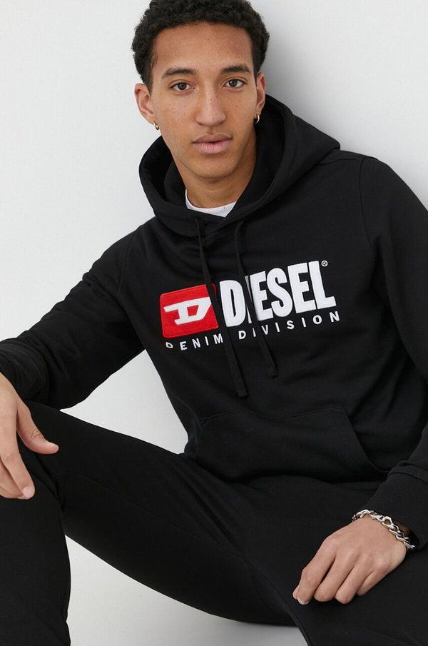 Diesel Pamučna dukserica Diesel za muškarce, boja: crna, s kapuljačom, s aplikacijom