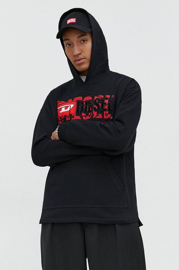 Diesel Pamučna dukserica Diesel za muškarce, boja: crna, s kapuljačom, s tiskom