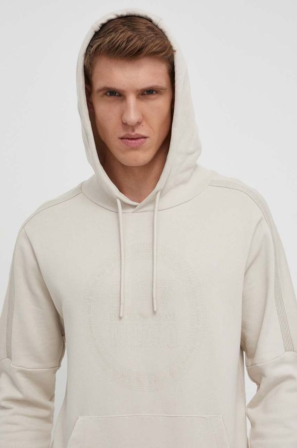 EA7 Emporio Armani Pamučna dukserica EA7 Emporio Armani za muškarce, boja: bež, s kapuljačom, s aplikacijom
