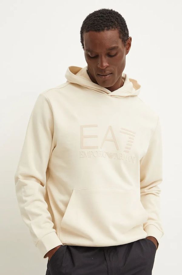EA7 Emporio Armani Pamučna dukserica EA7 Emporio Armani za muškarce, boja: bež, s kapuljačom, s aplikacijom, PJUAZ.6DPM22