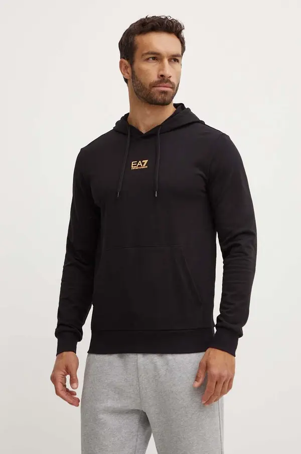 EA7 Emporio Armani Pamučna dukserica EA7 Emporio Armani za muškarce, boja: crna, s kapuljačom, bez uzorka, PJVRZ.8NPM32