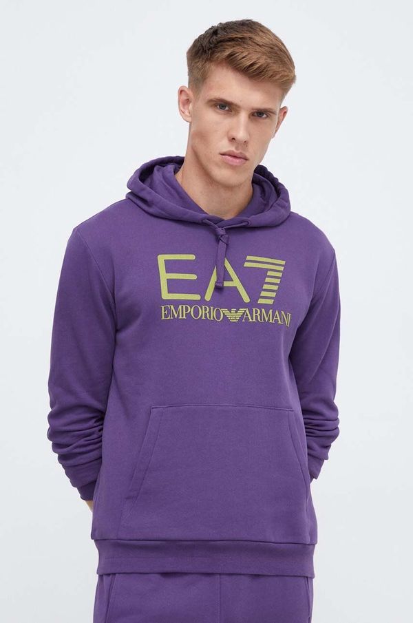 EA7 Emporio Armani Pamučna dukserica EA7 Emporio Armani za muškarce, boja: ljubičasta, s kapuljačom, s tiskom