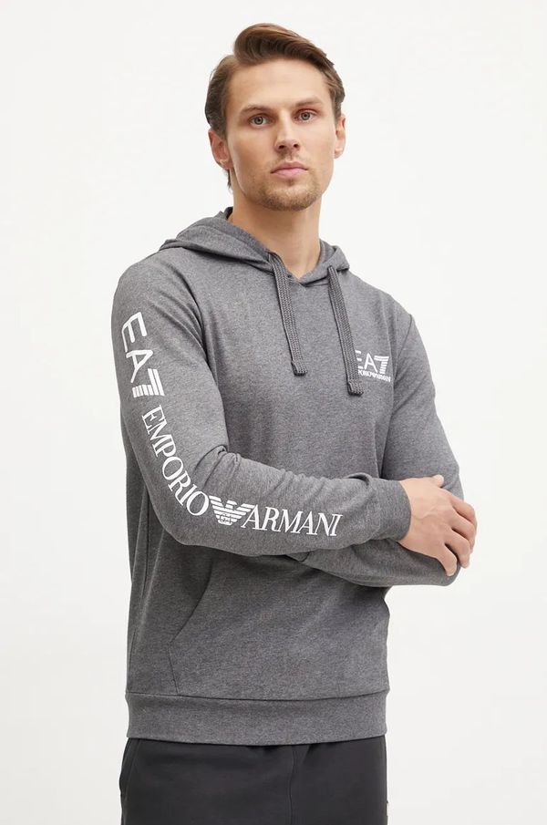 EA7 Emporio Armani Pamučna dukserica EA7 Emporio Armani za muškarce, boja: siva, s kapuljačom, s tiskom, PJ05Z.8NPM18