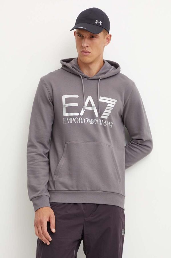 EA7 Emporio Armani Pamučna dukserica EA7 Emporio Armani za muškarce, boja: siva, s kapuljačom, s tiskom, PJSHZ.6DPM16