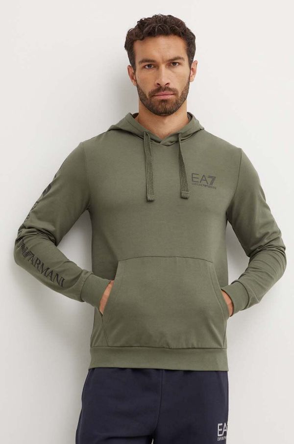 EA7 Emporio Armani Pamučna dukserica EA7 Emporio Armani za muškarce, boja: zelena, s kapuljačom, s tiskom, PJ05Z.8NPM18