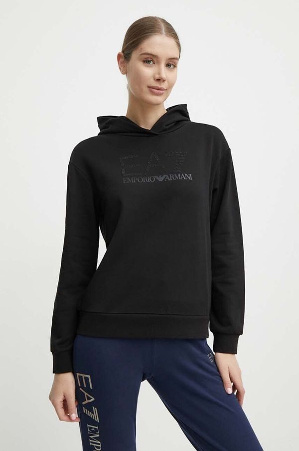 EA7 Emporio Armani Pamučna dukserica EA7 Emporio Armani za žene, boja: crna, s kapuljačom, s aplikacijom