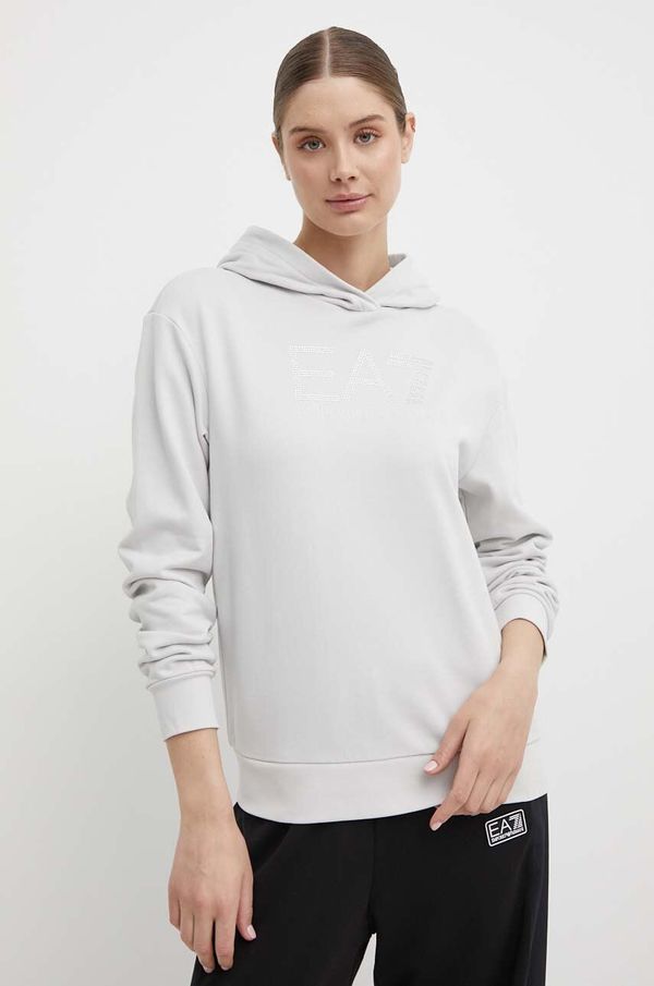 EA7 Emporio Armani Pamučna dukserica EA7 Emporio Armani za žene, boja: siva, s kapuljačom, s aplikacijom