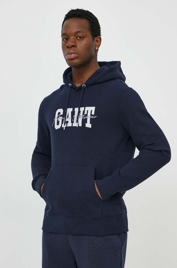 Gant Pamučna dukserica Gant za muškarce, boja: tamno plava, s kapuljačom, s aplikacijom