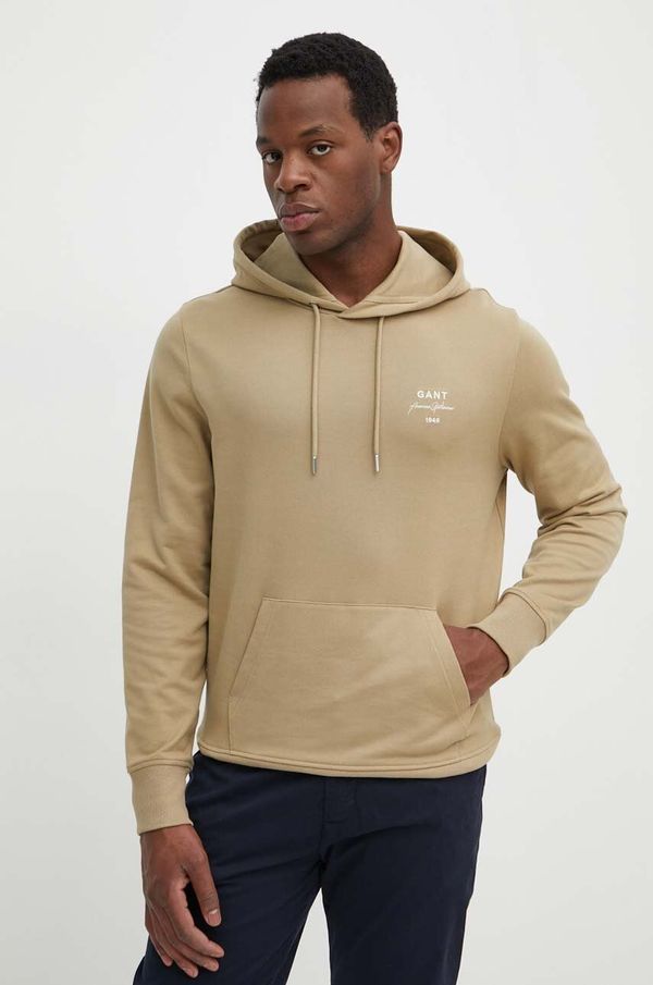 Gant Pamučna dukserica Gant za muškarce, boja: zelena, s kapuljačom, bez uzorka