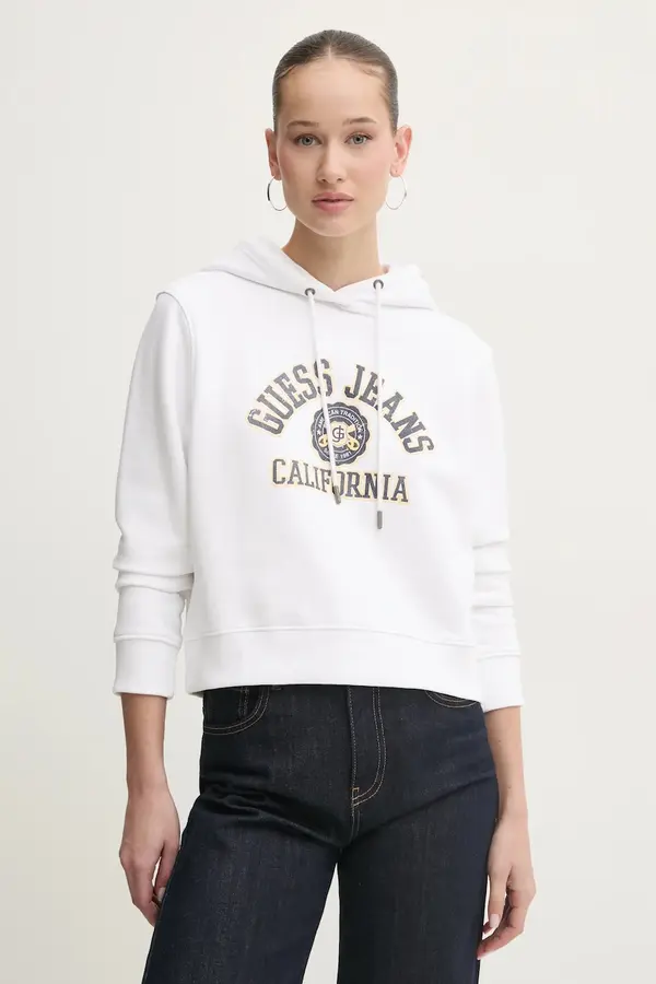 Guess Jeans Pamučna dukserica Guess Jeans za žene, boja: bijela, s kapuljačom, s tiskom, W5RQ29 K68I4