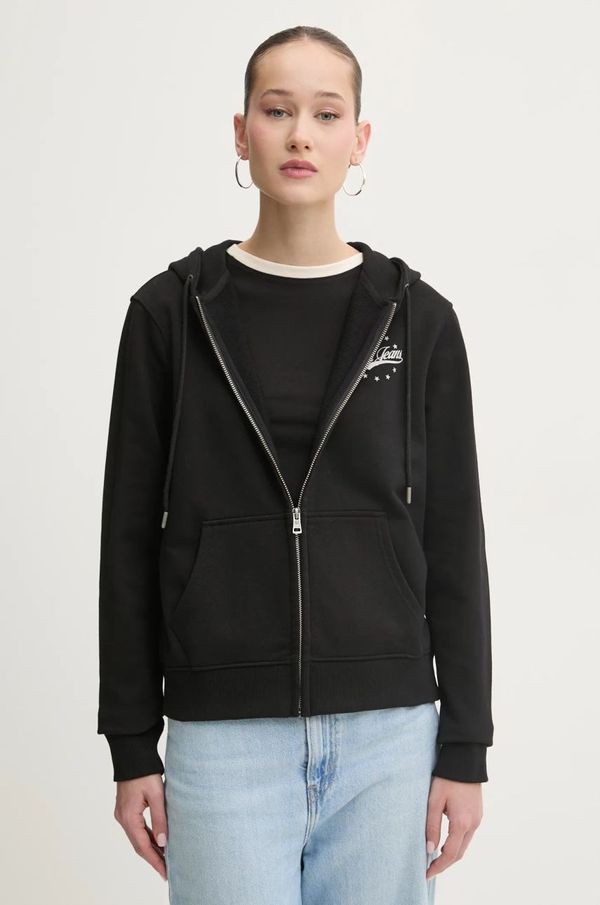 Guess Jeans Pamučna dukserica Guess Jeans za žene, boja: crna, s kapuljačom, s tiskom, W5RQ21 K68I4