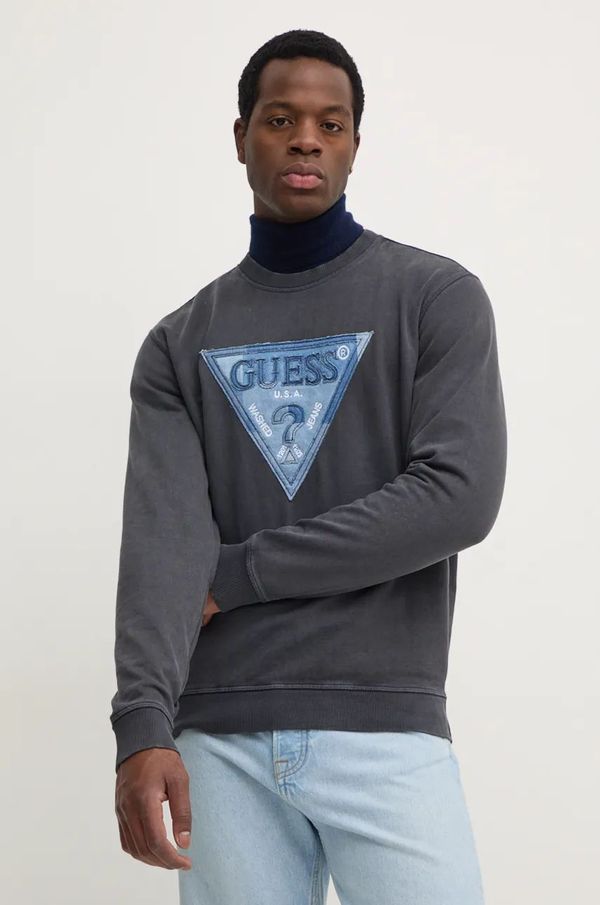 Guess Pamučna dukserica Guess TRIANGLE za muškarce, boja: siva, s kapuljačom, s aplikacijom, M4BQ17.KCIF1