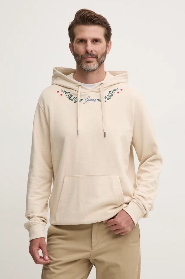 Guess Pamučna dukserica Guess za muškarce, boja: bež, s kapuljačom, s aplikacijom, M4BQ21.KCH01