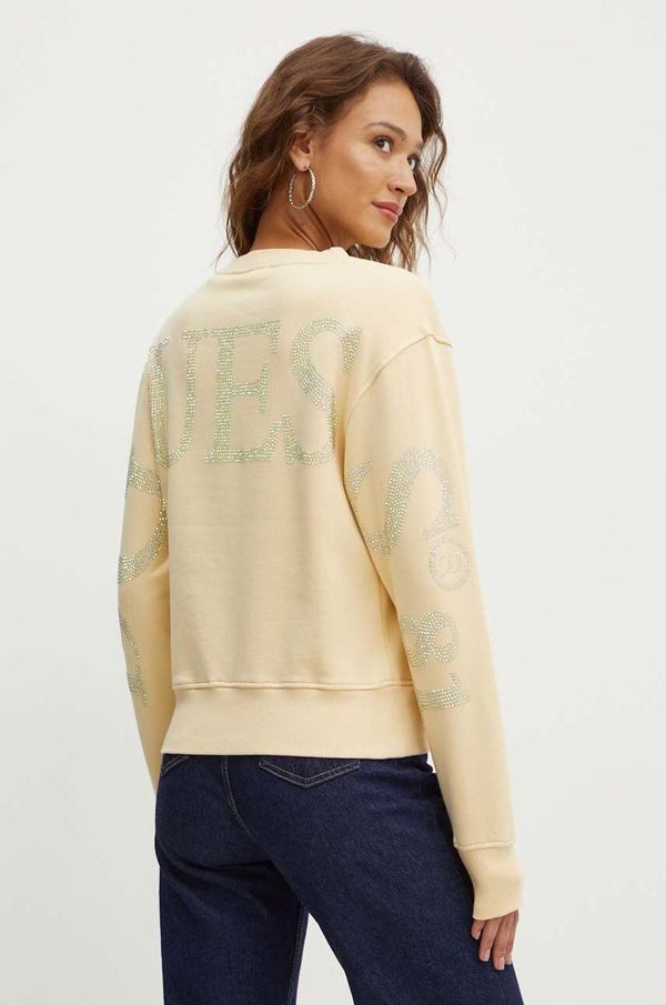 Guess Pamučna dukserica Guess za žene, boja: bež, s aplikacijom, W4YQ17 KC8I0