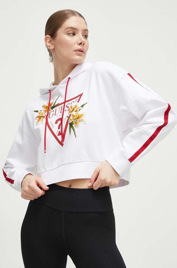 Guess Pamučna dukserica Guess za žene, boja: bijela, s kapuljačom, s uzorkom