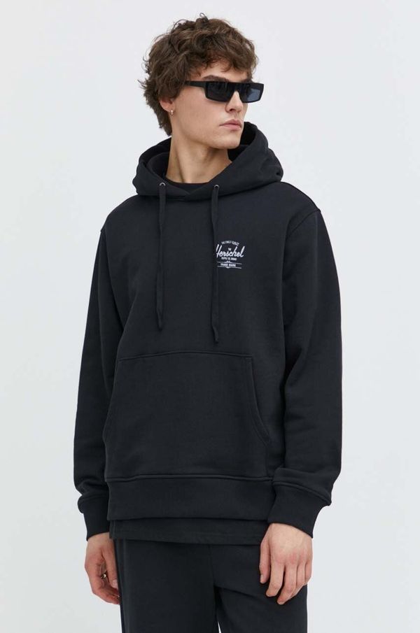 Herschel Pamučna dukserica Herschel za muškarce, boja: crna, s kapuljačom, s tiskom