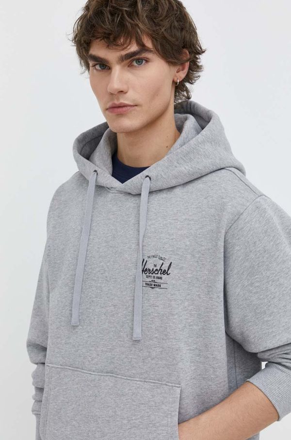 Herschel Pamučna dukserica Herschel za muškarce, boja: siva, s kapuljačom, s tiskom