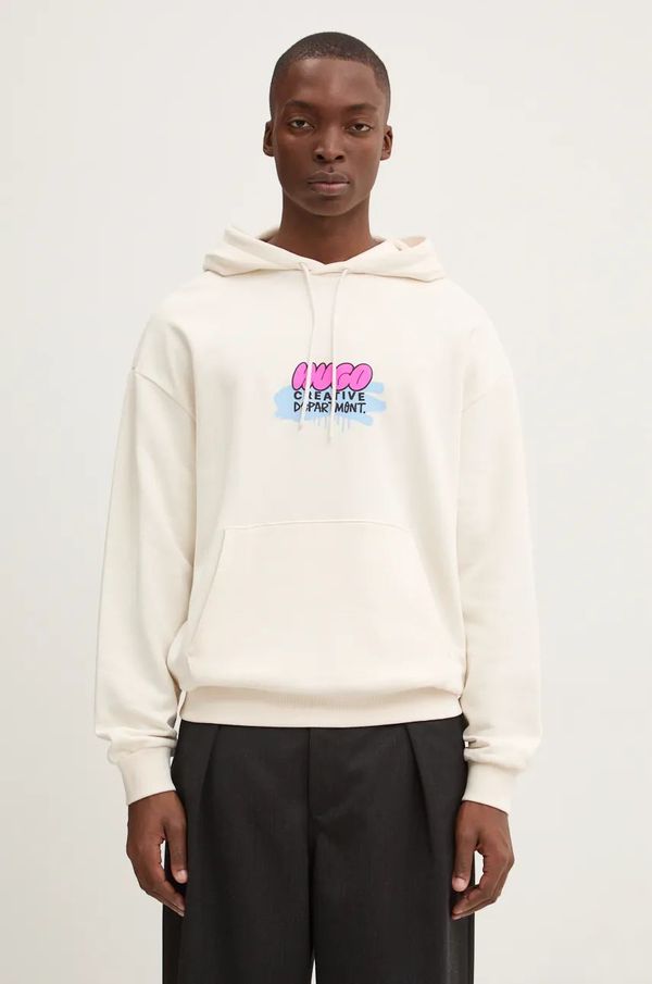 Hugo Blue Pamučna dukserica Hugo Blue za muškarce, boja: bež, s kapuljačom, s tiskom, 50523850