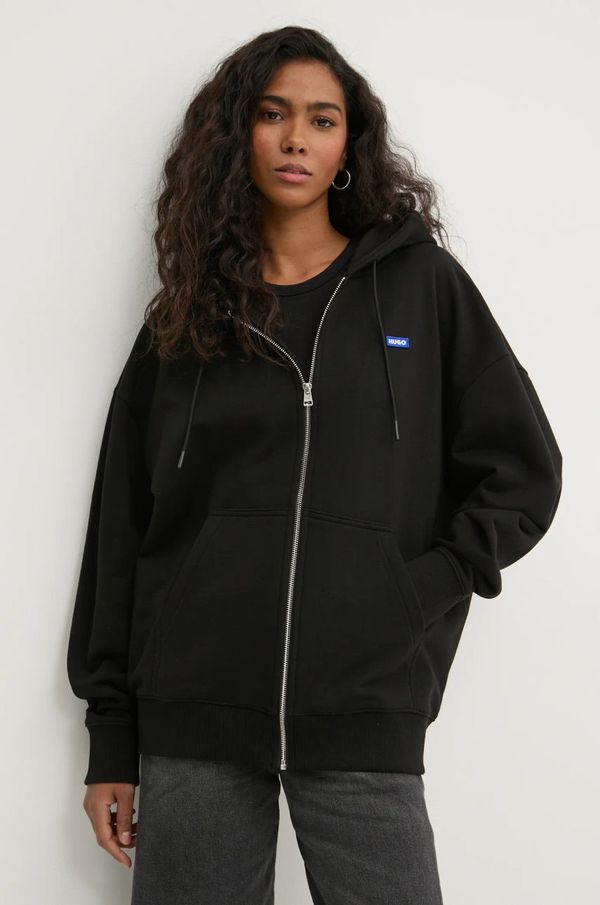 Hugo Blue Pamučna dukserica Hugo Blue za žene, boja: crna, s kapuljačom, bez uzorka, 50542512