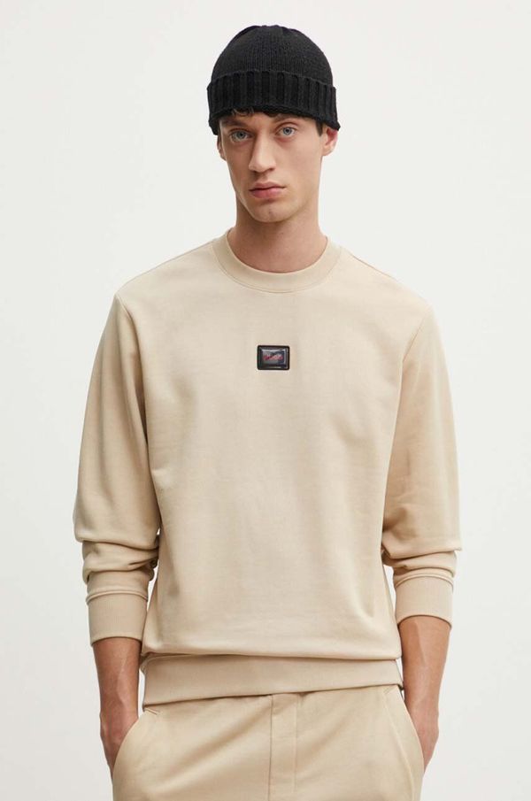 Hugo Pamučna dukserica HUGO za muškarce, boja: bež, s aplikacijom, 50528174