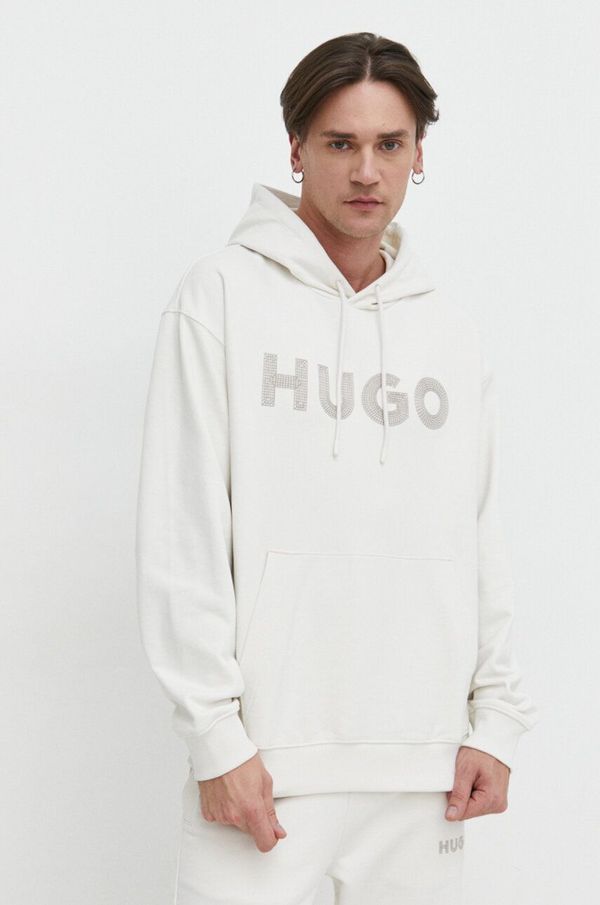 Hugo Pamučna dukserica HUGO za muškarce, boja: bež, s kapuljačom, s aplikacijom, 50509975