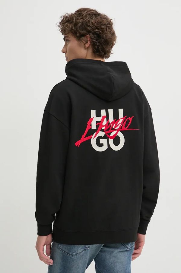 Hugo Pamučna dukserica HUGO za muškarce, boja: crna, s kapuljačom, s aplikacijom, 50521070