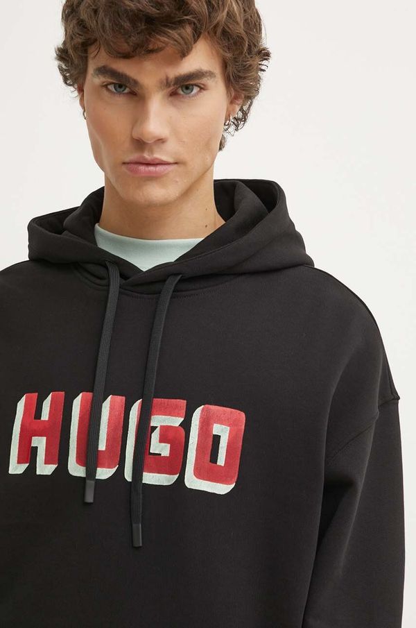 Hugo Pamučna dukserica HUGO za muškarce, boja: crna, s kapuljačom, s tiskom, 50516655